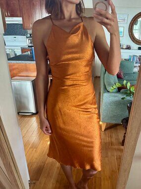 Burnt Orange Satin Slip Dress with Cowl Neck